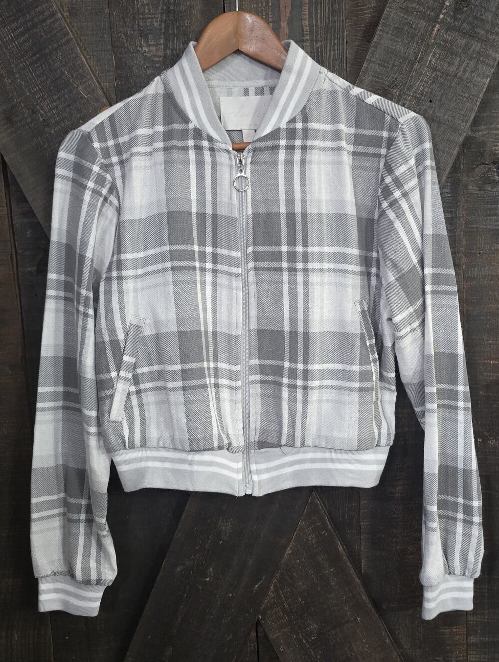 NWT Ashley By 26 International Gray Plaid Bomber Jacket Size Small